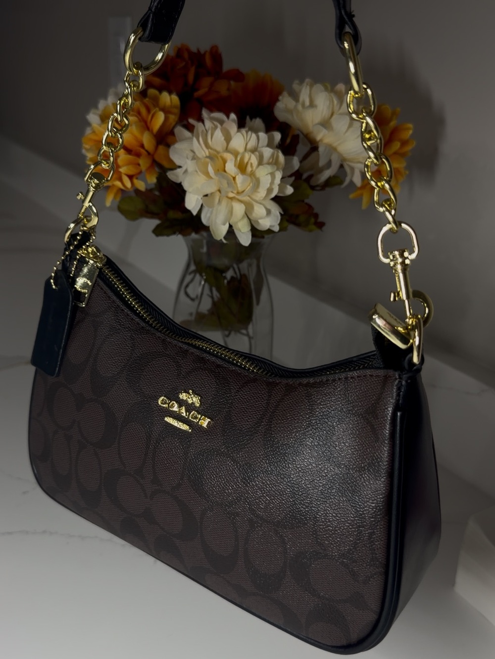 Coach Dark Brown Signature Chain Shoulder Bag